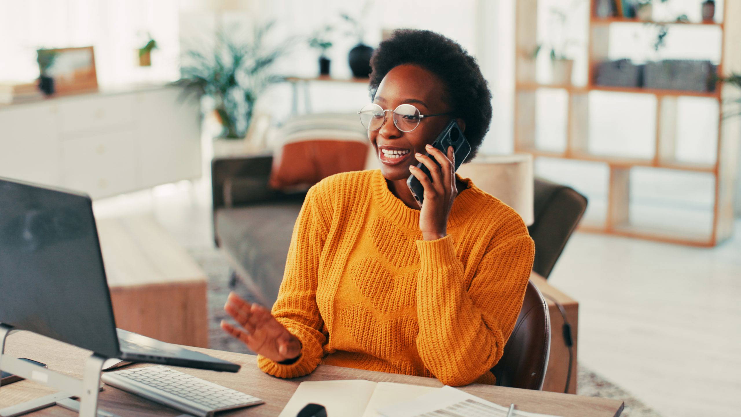 Black,Woman,,Laptop,And,Phone,Call,From,Remote,Work,From